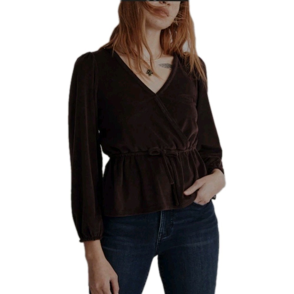 Madewell Womens Sz Large Corduroy Tie-Front Faux-Wrap Top Spiced Raisin Cropped‎